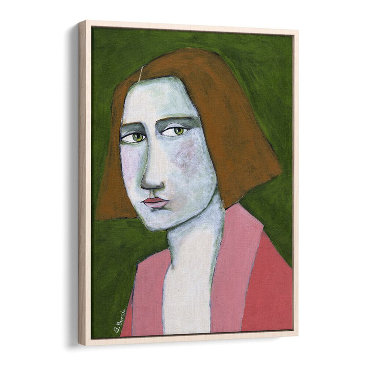 woman in pink jacket women illustration paintings in Oak Wood Floater Frame