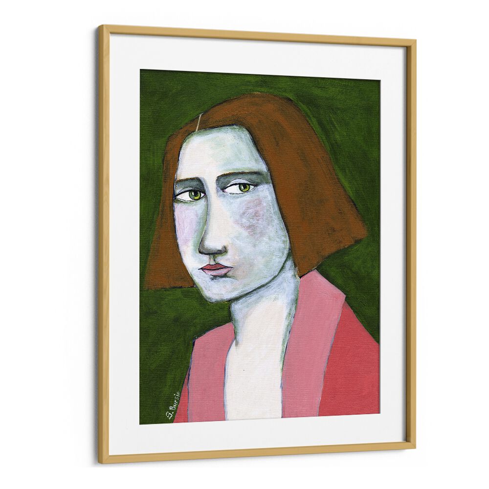 woman in pink jacket women illustration paintings in Oak Wood Frame With Mount