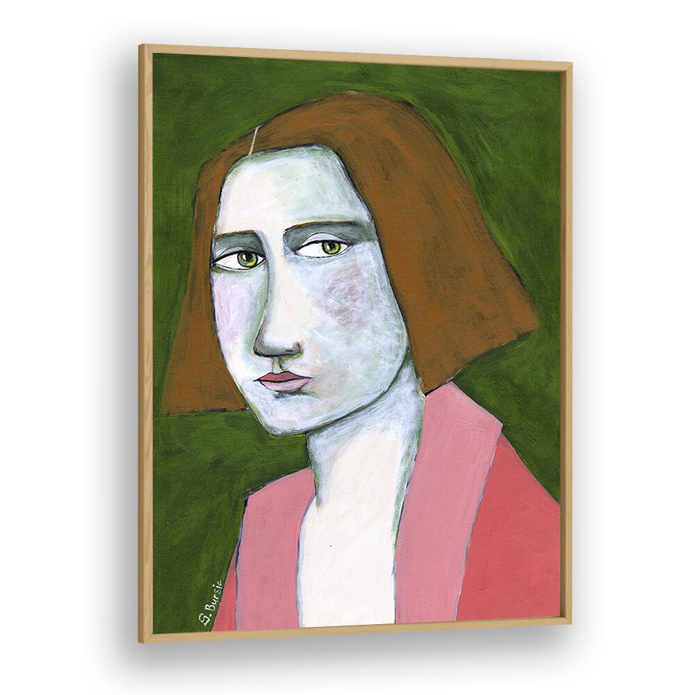 woman in pink jacket women illustration paintings in Oak Wood Plain Frame