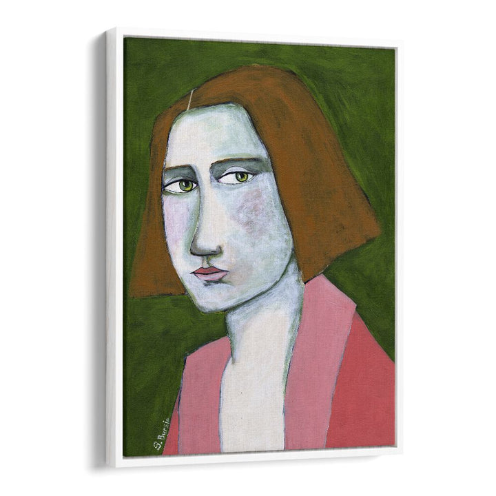 woman in pink jacket women illustration paintings in White Floater Frame