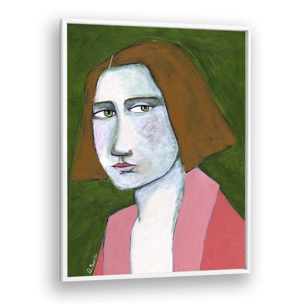 woman in pink jacket women illustration paintings in White Plain Frame