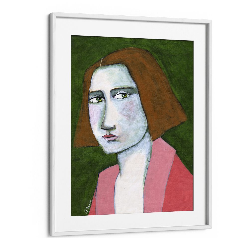 woman in pink jacketwomen illustration paintings in White Frame With Mount