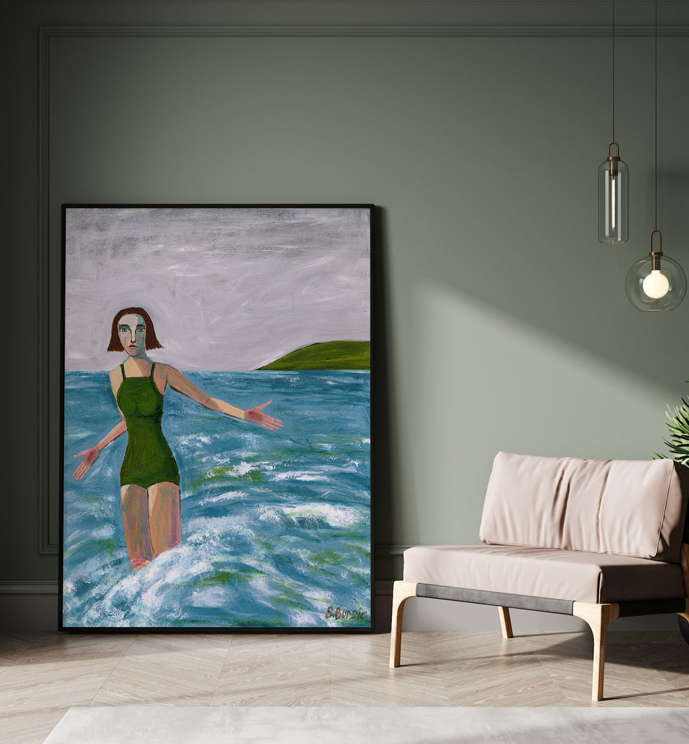 woman swimming in green women illustration paintings Artwork I placed on a wall