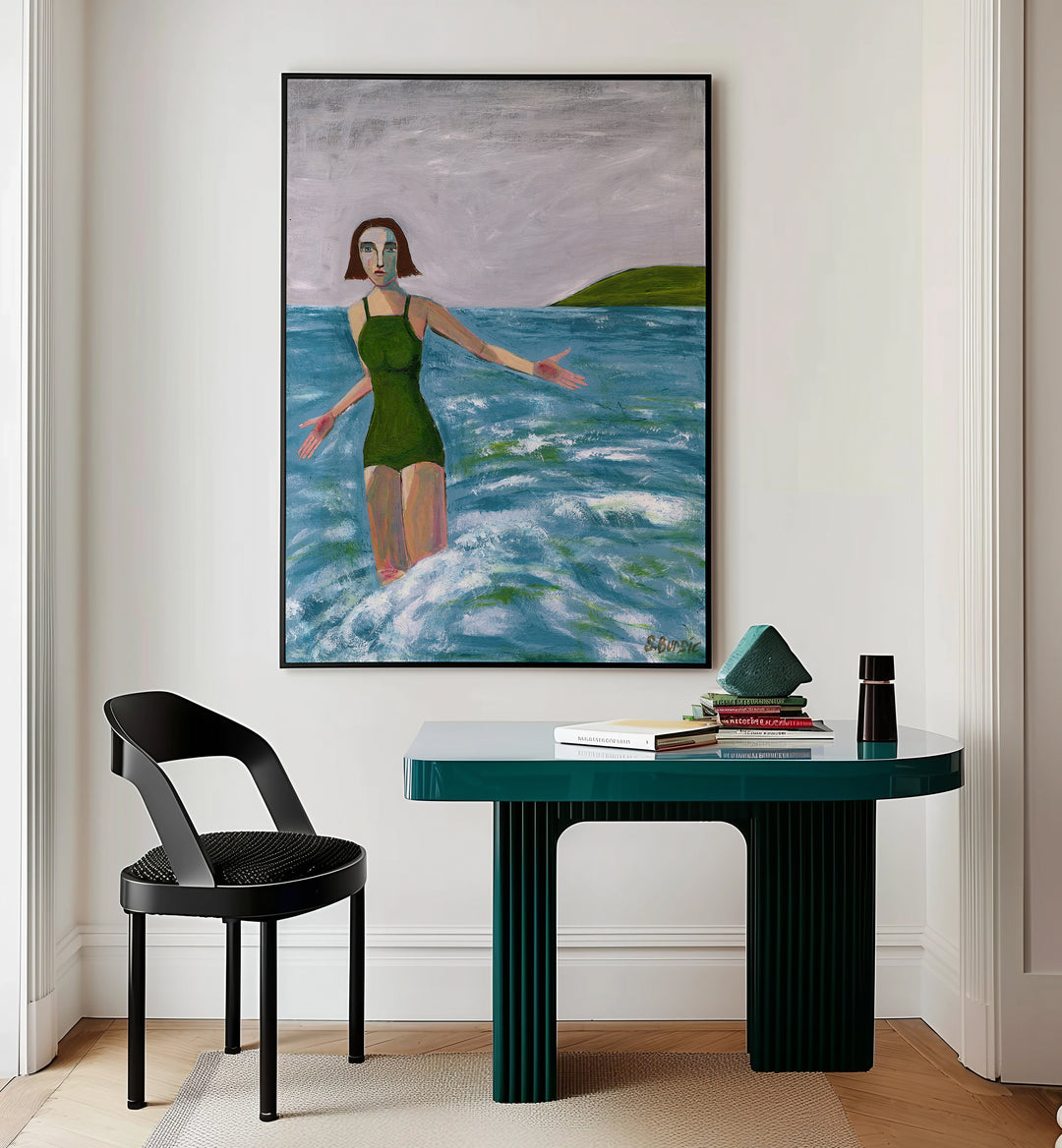 woman swimming in green women illustration paintings Artwork III placed on a wall