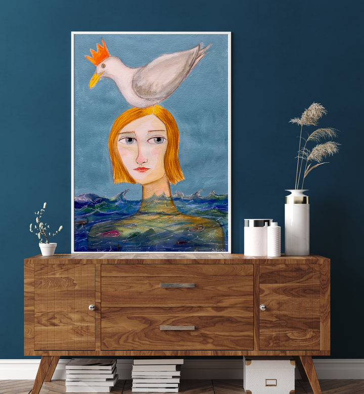 woman swimming with duck women illustration paintings Artwork I placed on a wall