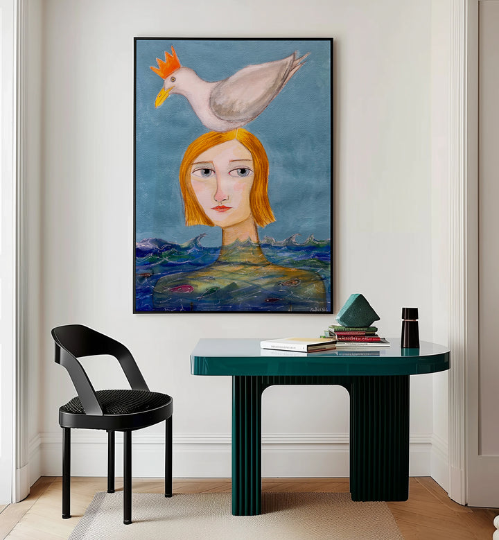 woman swimming with duck women illustration paintings Artwork III placed on a wall