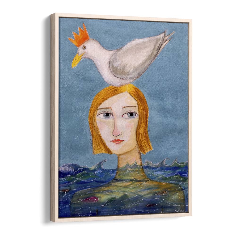 woman swimming with duck women illustration paintings in Oak Wood Floater Frame