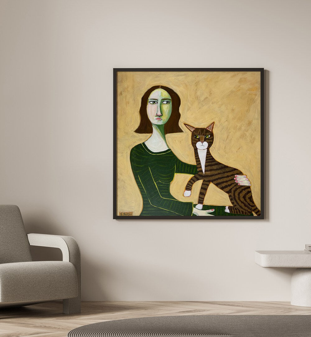 woman with brown cat women illustration paintings Artwork I placed on a wall