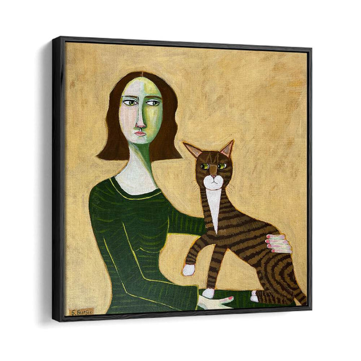 woman with brown cat women illustration paintings in Black Floater Frame