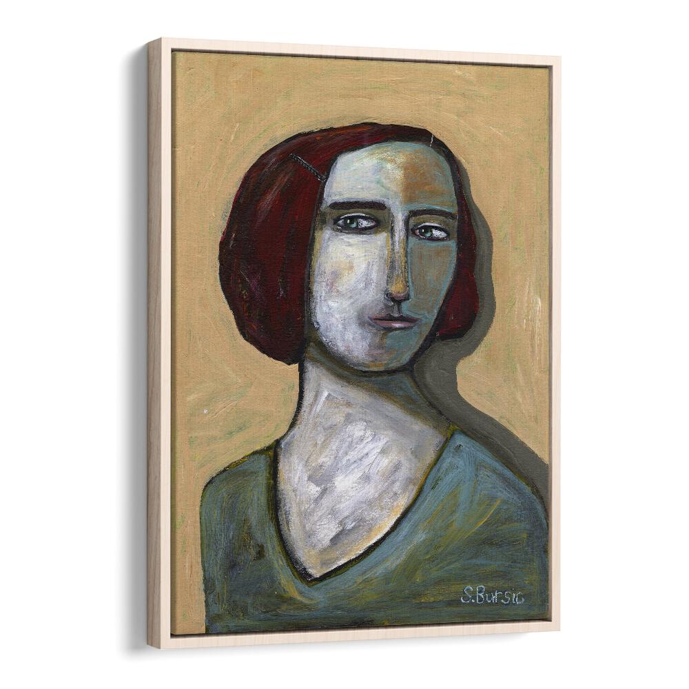 woman with piercing eyes women illustration paintings in Oak Wood Floater Frame