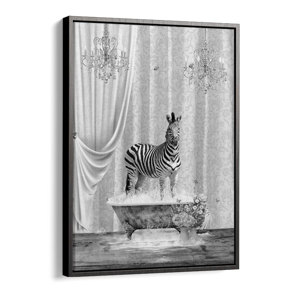 zebra a bubbles black a white by sue skellern wall art prints in Black Floater Frame