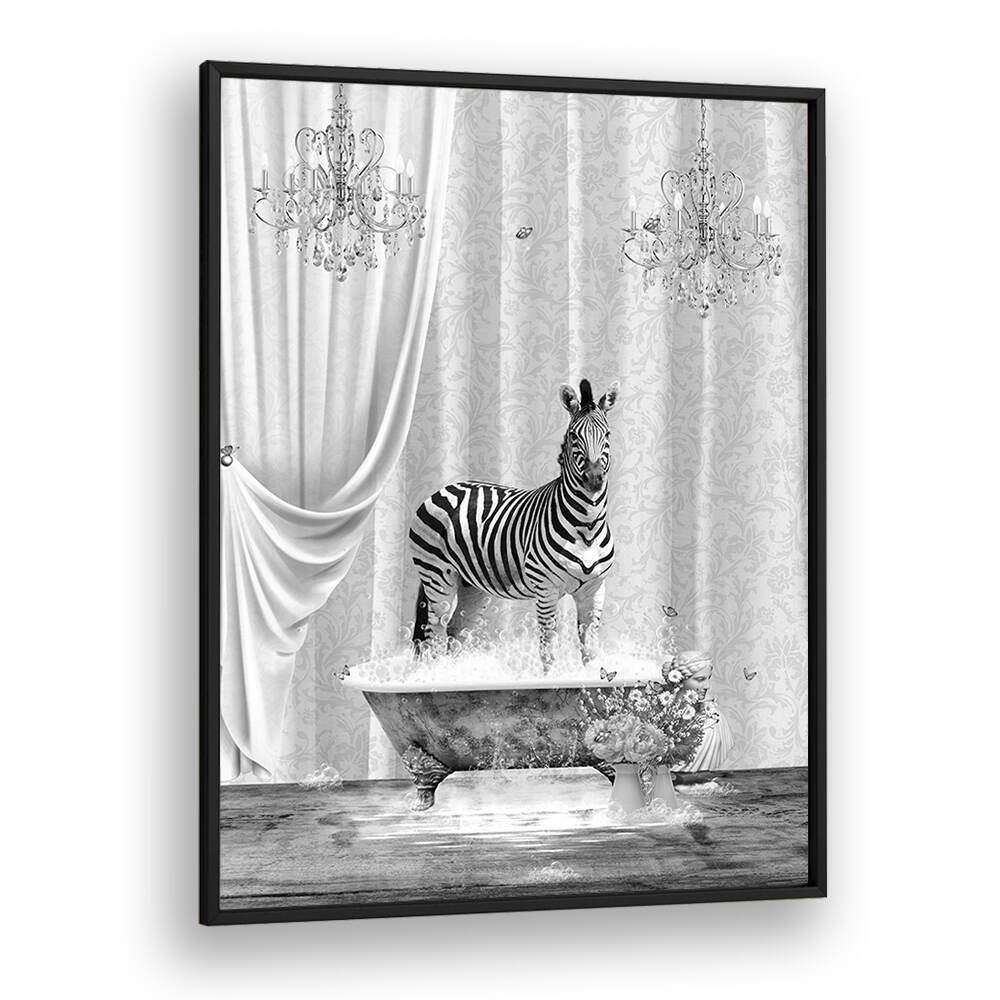 zebra a bubbles black a white by sue skellern wall art prints in Black Plain Frame