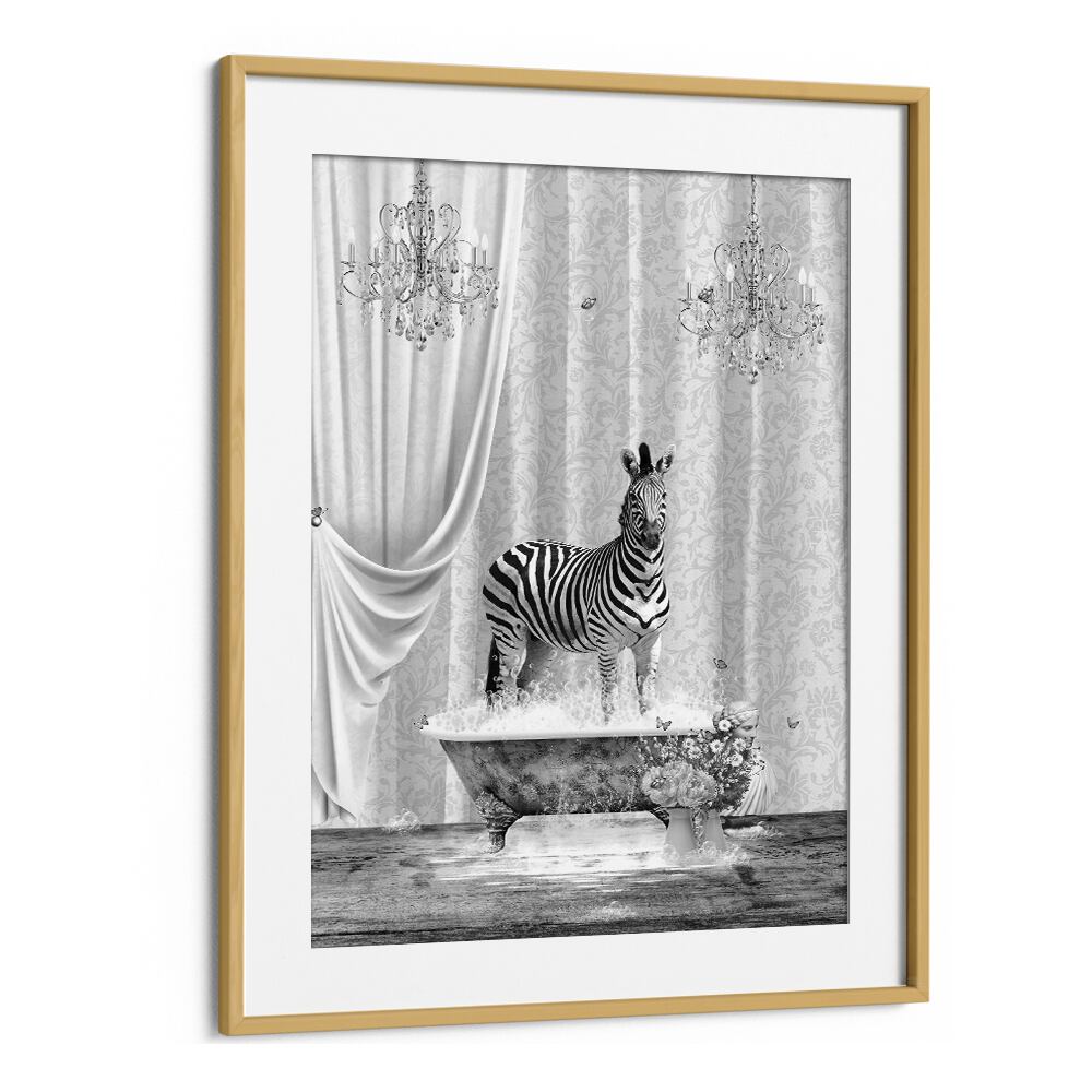 zebra a bubbles black a white by sue skellern wall art prints in Oak Wood Frame With Mount