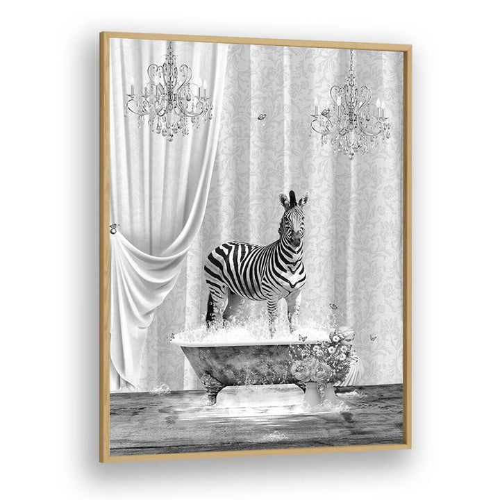 zebra a bubbles black a white by sue skellern wall art prints in Oak Wood Plain Frame