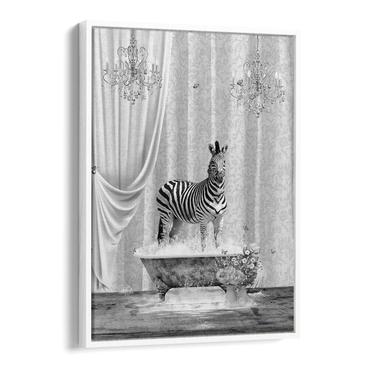 zebra a bubbles black a white by sue skellern wall art prints in White Floater Frame