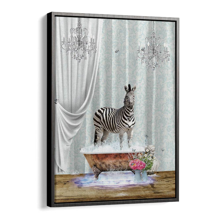 zebra a bubbles by sue skellern wall art prints in Black Floater Frame