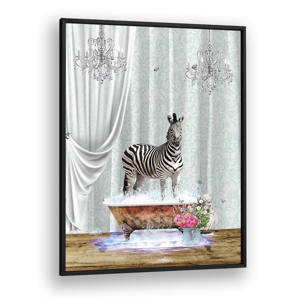 zebra a bubbles by sue skellern wall art prints in Black Plain Frame