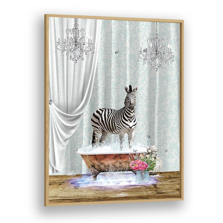 zebra a bubbles by sue skellern wall art prints in Oak Wood Plain Frame