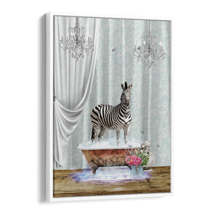 zebra a bubbles by sue skellern wall art prints in White Floater Frame