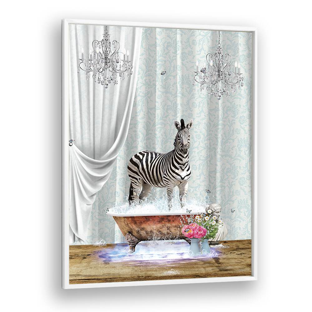 zebra a bubbles by sue skellern wall art prints in White Plain Frame