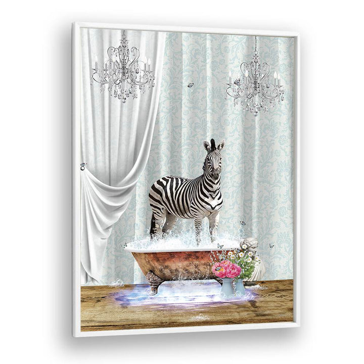 zebra a bubbles by sue skellern wall art prints in White Plain Frame